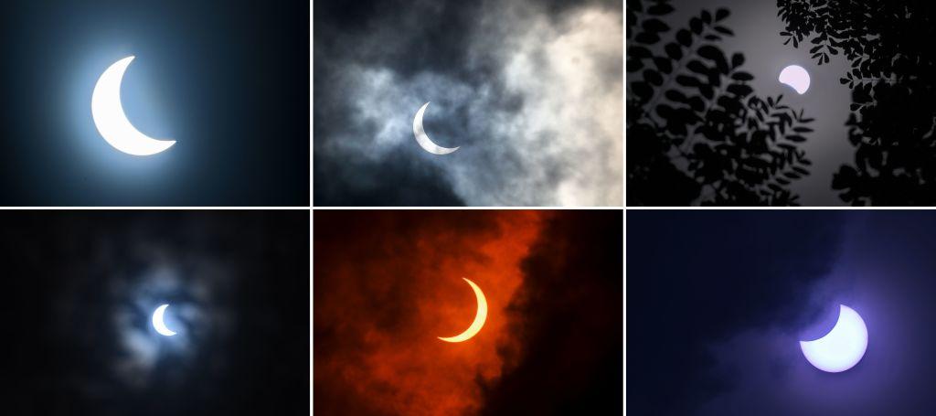 This combination of pictures created on June 21, 2020, shows the Moon moving in front of the Sun during an annular solar eclipse as seen from (top L to R) Kurukshetra, Allahabad, and Bangalore, and (bottom L to R) Kolkata, New Delhi, and Bangalore on June 21, 2020. (JEWEL SAMAD,MANJUNATH KIRAN,SANJAY KANOJIA,DIBYANGSHU SARKAR,SAJJAD HUSSAIN/AFP via Getty Images)