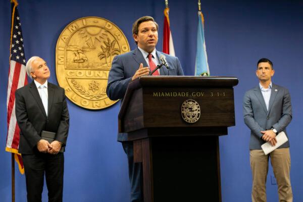 Florida Gov. Ron DeSantis speaks during a press conference relating hurricane season updates at the Miami-Dade Emergency Operations Center in Miami, on June 8, 2020. (Eva Marie Uzcategui/Getty Images)