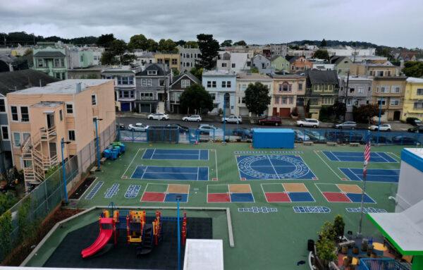 An aerial view of the schoolyard at Frank McCoppin Elementary School in San Francisco, Calif., on March 18, 2020. (Justin Sullivan/Getty Images)