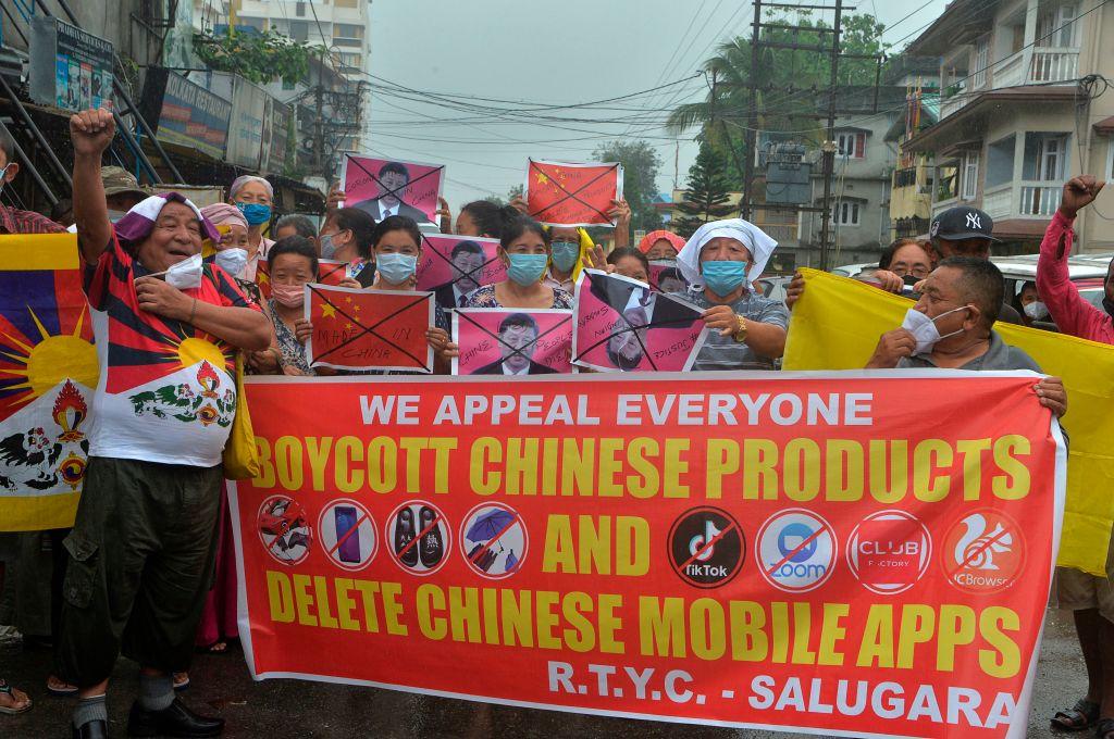 Indian activists along with Tibetans living in exile shout slogans during an anti-China demonstration in Siliguri on June 20, 2020. (Dipendu Dutta/AFP/Getty Images