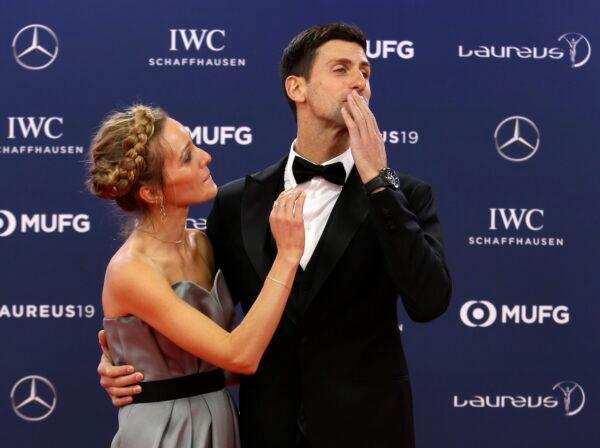 Serbian tennis player Novak Djokovic and his wife Jelena arrive for the 2019 Laureus World Sports Awards, on Feb. 18, 2019. (Claude Paris/AP)