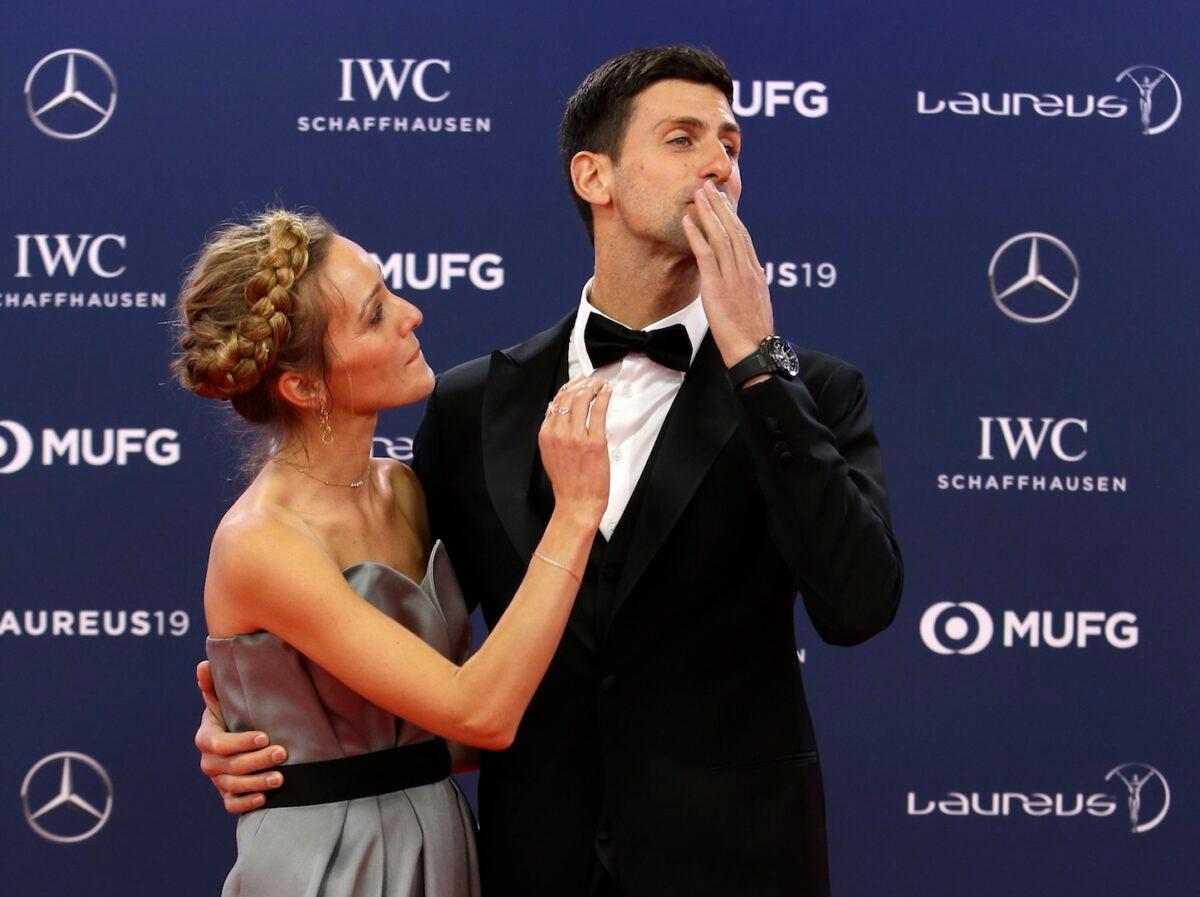 Serbian tennis player Novak Djokovic and his wife Jelena arrive for the 2019 Laureus World Sports Awards, on Feb. 18, 2019. (Claude Paris/AP)