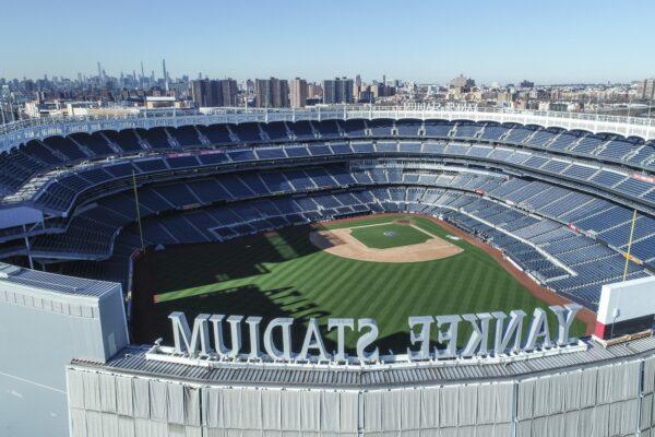 An empty Yankee Stadium on opening day due to COVID-19 restrictions in the Bronx borough of New York on March 26, 2020. (John Woike/Samara Media/AP)