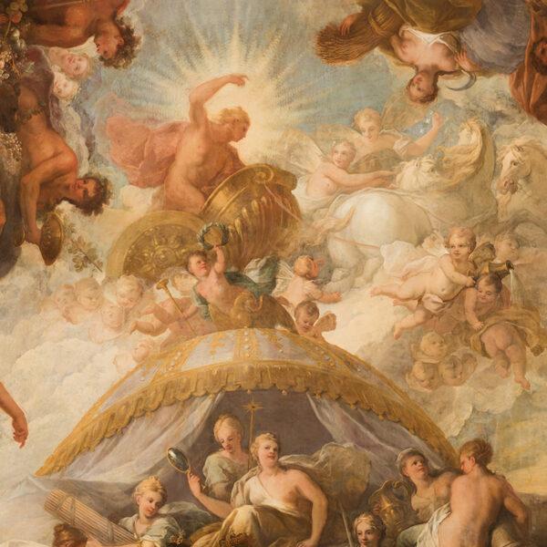 The Greek god Apollo stands in his chariot as he chases off a cherub, which represents the morning dew, to bring light to the world, in the painting “The Triumph of Peace and Liberty Over Tyranny.” (Old Royal Naval College)