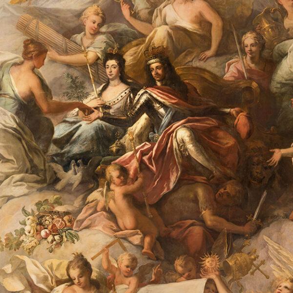 Queen Mary II and King William III surrounded by allegories indicative of a successful reign, in a detail from the painting “The Triumph of Peace and Liberty Over Tyranny,” at the Painted Hall in Greenwich, London. (Old Royal Naval College)