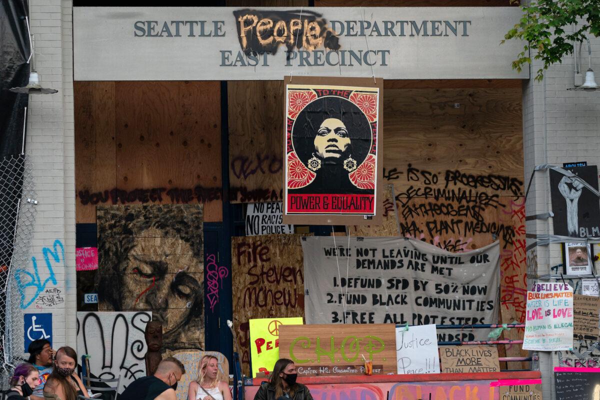 An entrance to the Seattle Police Department’s vacated East Precinct is seen in the area known as the Capitol Hill Organized Protest (CHOP) in Seattle, Wash., on June 23, 2020 in Seattle. (David Ryder/Getty Images)