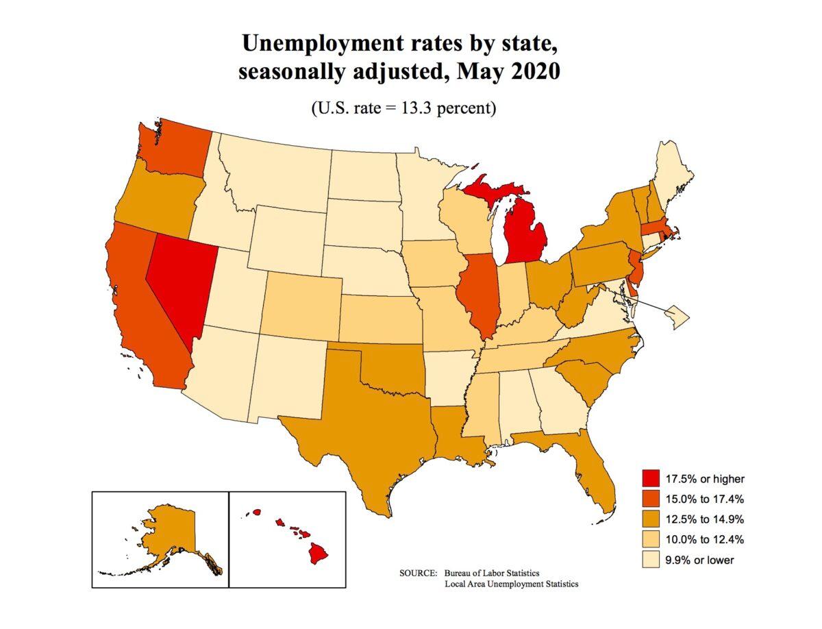 Unemployment rates by state, May 2020. (Bureau of Labor Statistics)
