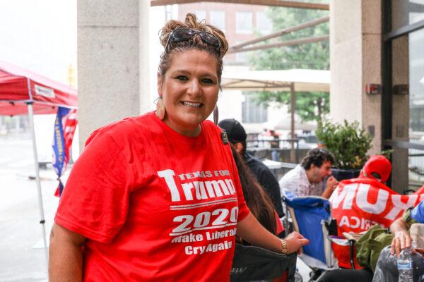 Stacy Lopez waits in line for a campaign rally for President Donald Trump at the BOK Center in Tulsa, Okla., on June 19, 2020. (Charlotte Cuthbertson/The Epoch Times)
