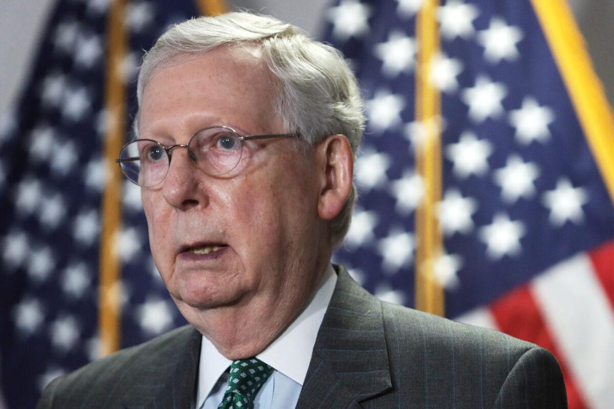 Senate Majority Leader Mitch McConnell (R-Ky.) speaks to members of the media after the weekly Senate Republican Policy Luncheon at Hart Senate Office Building in Washington on June 23, 2020. (Alex Wong/Getty Images)