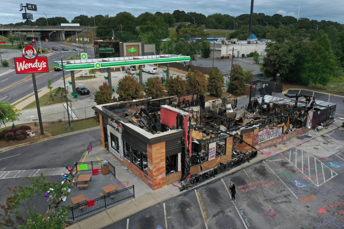In this aerial photo, the Wendy's restaurant that was set on fire by rioters after Rayshard Brooks was killed is seen in Atlanta, Ga., on June 17, 2020. (Joe Raedle/Getty Images)