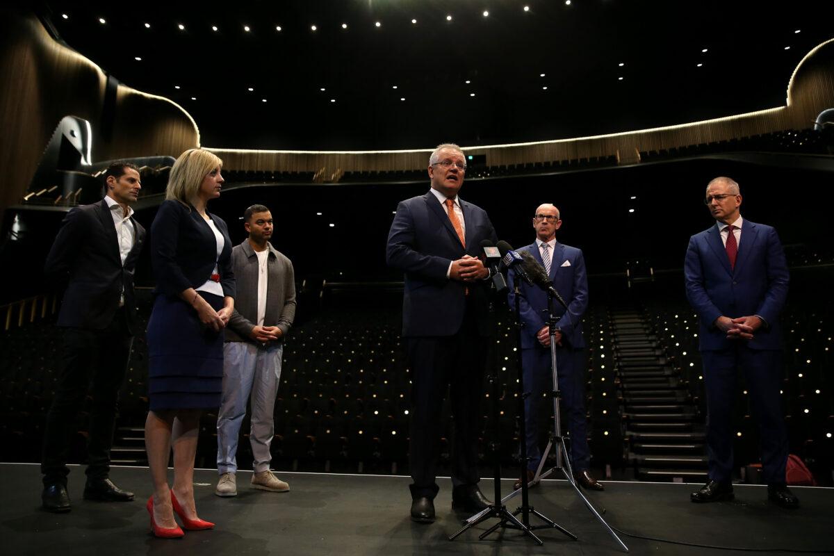 Scott Morrison speaks to the media during a press conference to announce a $250 million support package for the arts and cultural sectors. (Matt Blyth/Getty Images)