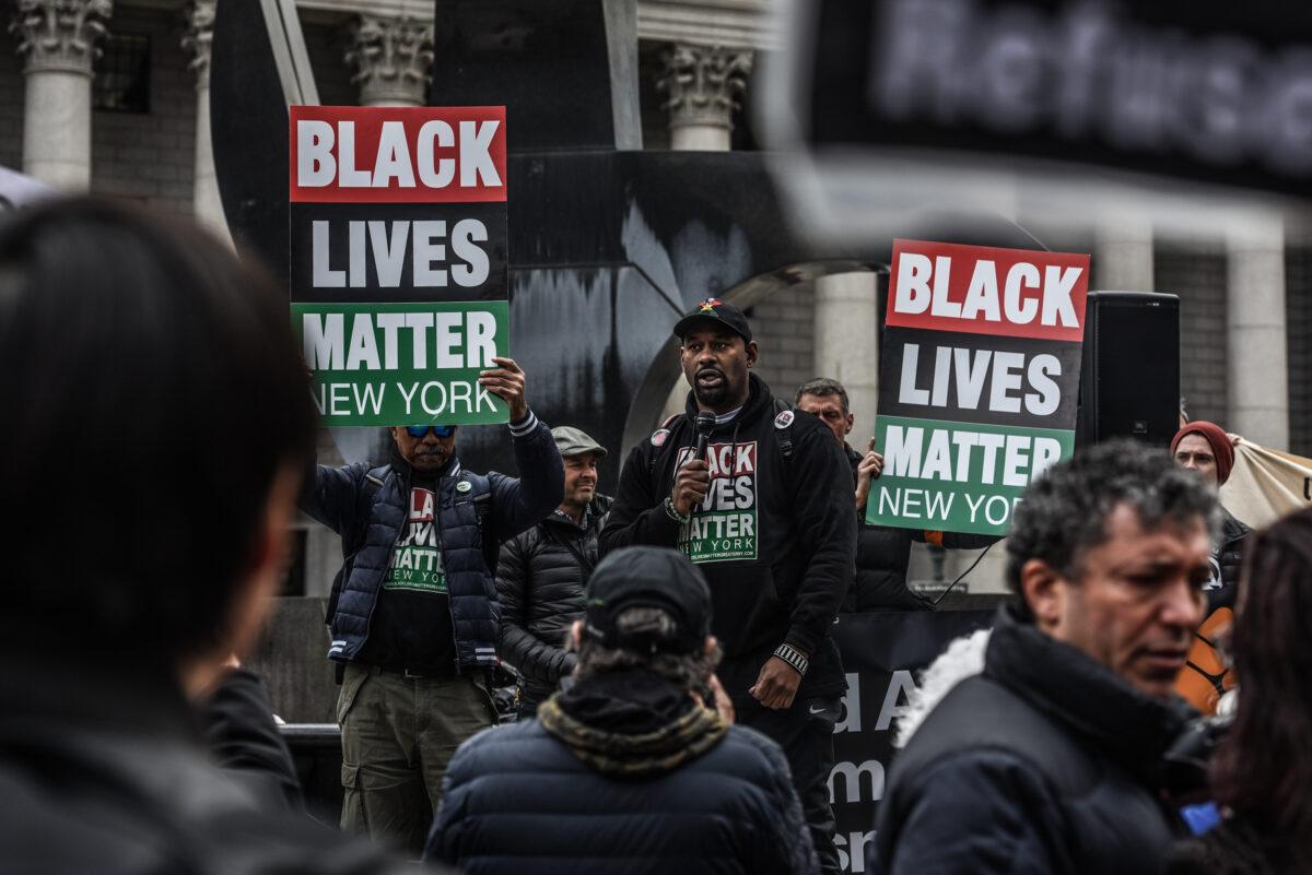 Hawk Newsome, a leader in the Black Lives Matter movement, speaks during a rally in New York on March 16, 2019. (Stephanie Keith/Getty Images)