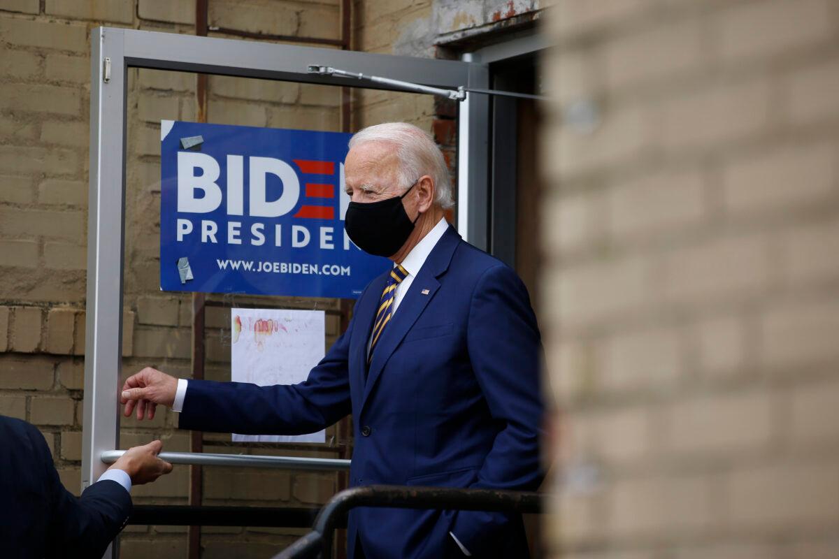 Democratic presidential candidate, former Vice President Joe Biden arrives at Carlette's Hideaway, a soul food restaurant, to speak with small business owners in Yeadon, Pa., on June 17, 2020. (Matt Slocum/AP Photo)