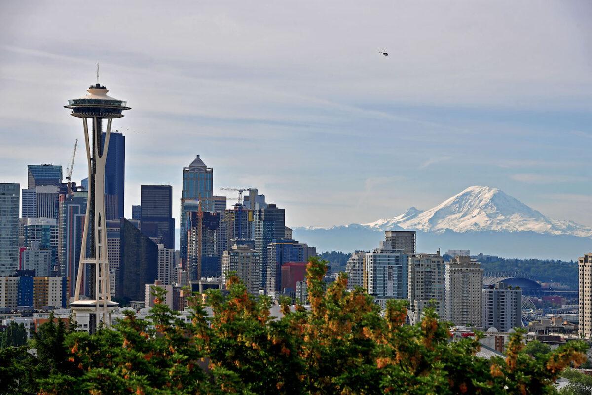 A general view of the Seattle Skyline and Mount Rainier from Kerry Park in Seattle, Washington, on June 9, 2019. (Donald Miralle/Getty Images for Rock'n'Roll Marathon)