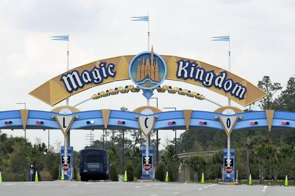 The entrance to the parking lot at the Magic Kingdom at Walt Disney World is closed in Lake Buena Vista, Fla., on March 16, 2020. (John Raoux, File/AP Photo)