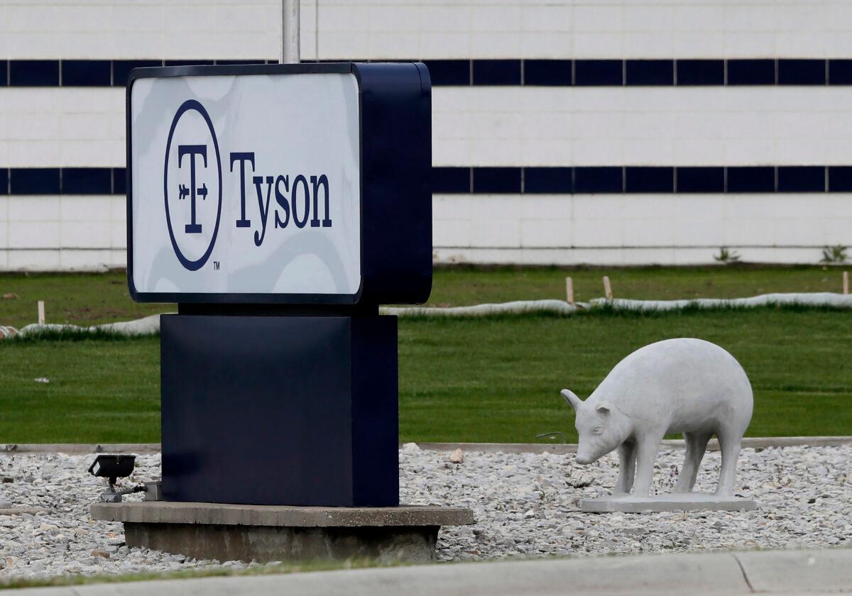 A sign sits in front of the Tyson Foods plant in Waterloo, Iowa, on May 1, 2020. (Charlie Neibergall/File Photo/AP Photo)