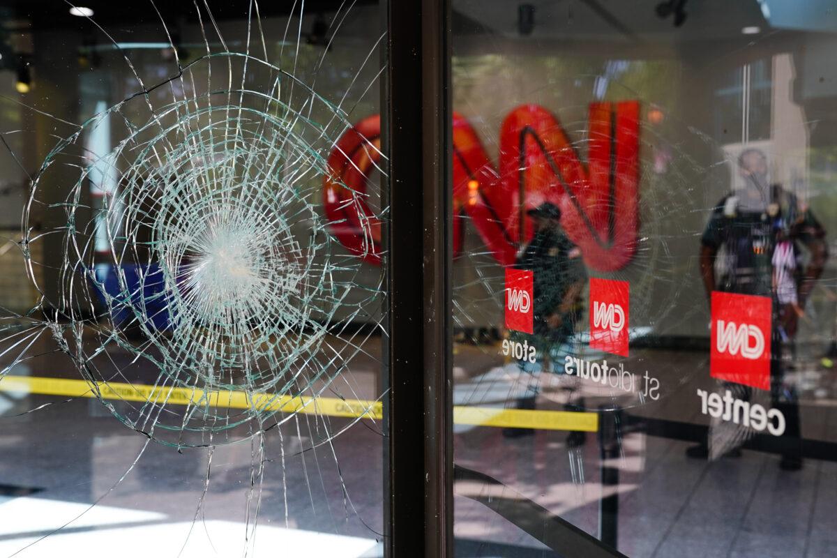 Damage is seen to CNN Center following riots, in Atlanta, Ga., on May 30, 2020. (Elijah Nouvelage/Getty Images)