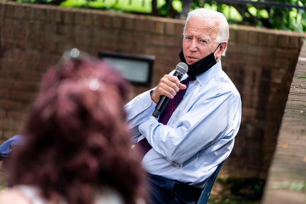 : Democratic presidential candidate former Vice President Joe Biden speaks to families who have benefited from the Affordable Care Act during an event in Lancaster, Pa., on June 25, 2020. (Joshua Roberts/Getty Images)