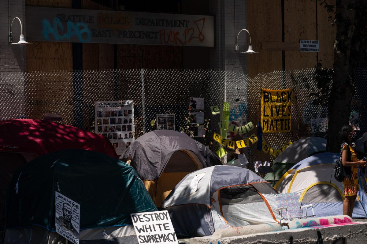 Tents sit outside of the Seattle Police Department's vacated East Precinct in the area known as the Capitol Hill Organized Protest (CHOP) in Seattle, Wash., on June 25, 2020. (David Ryder/Getty Images)