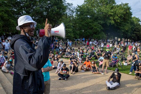 Glenn Foster, an activist seeking to tear down the Emancipation Statue, speaks near the memorial in Washington on June 26, 2020. (Tasos Katopodis/Getty Images)