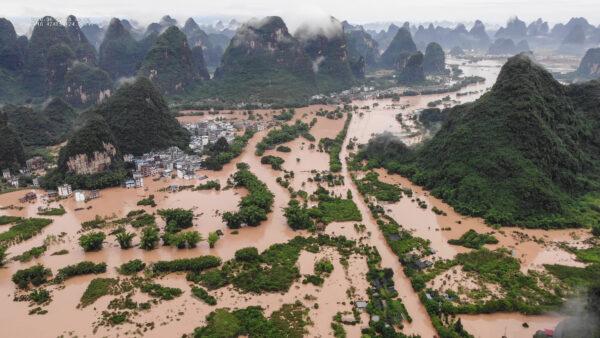 The submerged streets and buildings after heavy rain caused flooding in Yangshuo, in China's southern Guangxi region on June 7, 2020. (STR/AFP via Getty Images)