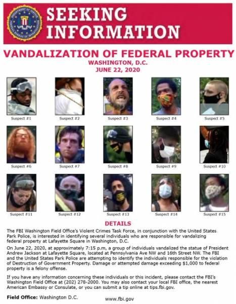 President Donald Trump retweeted this FBI wanted poster, showing photos of 15 protesters he says are wanted for “vandalization of federal property.” (FBI)