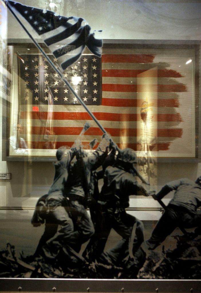 The flag raised during the World War II Battle of Iwo Jima on display at the National Museum of the Marine Corps on Nov. 2, 2006, in Triangle, Va. (Chip Somodevilla/Getty Images)