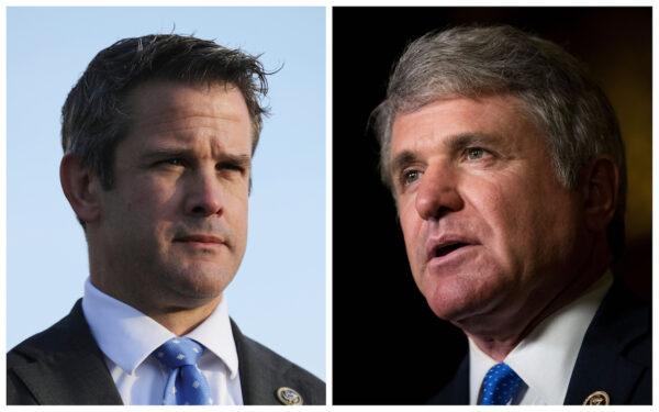 L: Rep. Adam Kinzinger (R-Il.) outside the U.S. Capitol in Washington, on March 13, 2019. (Chip Somodevilla/Getty Images) R: Rep. Michael McCaul (R-Texas), speaks to reporters at Trump Tower, in New York City on Nov. 29, 2016. (Drew Angerer/Getty Images)