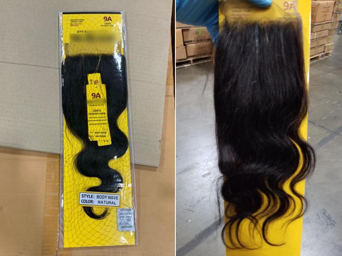 The photo shows hair products shipped from China. U.S. Customs and Border Protection detains a shipment of hair products from China at the port of New York/Newark on July 1, 2020. (CBP)