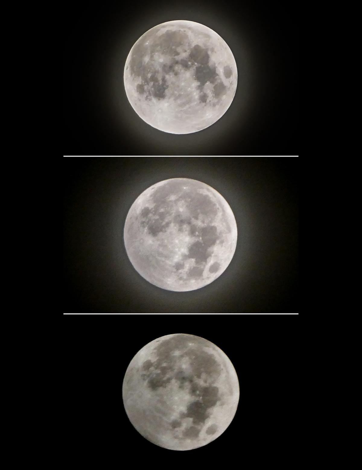 A combination of three pictures taken on June 6, 2020, shows the full moon, known as a Strawberry Moon, from Jakarta during a maximum penumbral lunar eclipse from its beginning (Top) to its maximum (Bottom). (BAY ISMOYO/AFP via Getty Images)