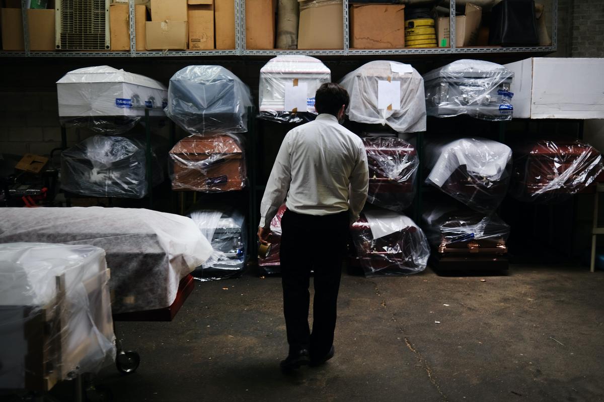 An inventory of presold caskets at a funeral home in New York City on April 29, 2020 (Spencer Platt/Getty Images)