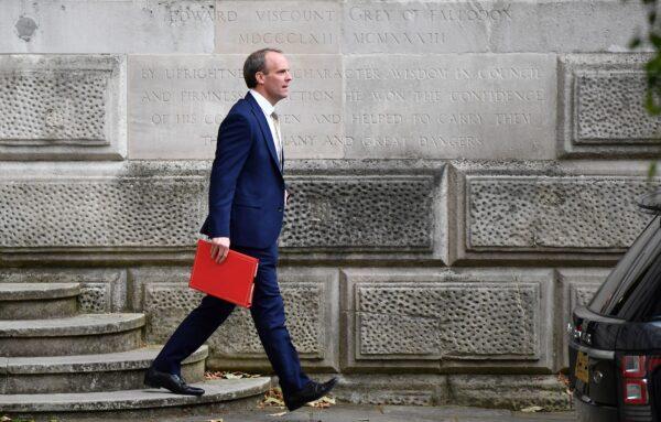 Britain's Foreign Secretary Dominic Raab leaves the Foreign and Commonwealth Office, to make a statement on Hong Kong, at the House of Commons in central London on July 1, 2020.(Ben Stansall/AFP via Getty Images)