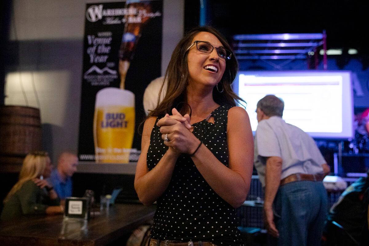 Lauren Boebert waits for returns during a watch party in Grand Junction, Colo., on June 30, 2020. (McKenzie Lange/The Grand Junction Daily Sentinel via AP)