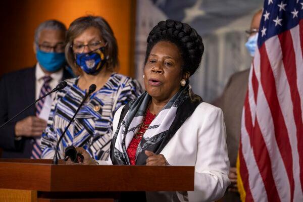 Rep. Sheila Jackson Lee (D-Texas) speaks about H.R. 40 at a Congressional Black Caucus press conference on Capitol Hill in Washington on July 1, 2020. (Tasos Katopodis/Getty Images)