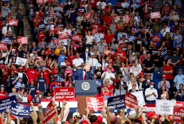 President Donald Trump at the BOK Center at the first re-election rally in Tulsa, OK, June 20, 2020. (Stephen Pingry/Tulsa World via AP)