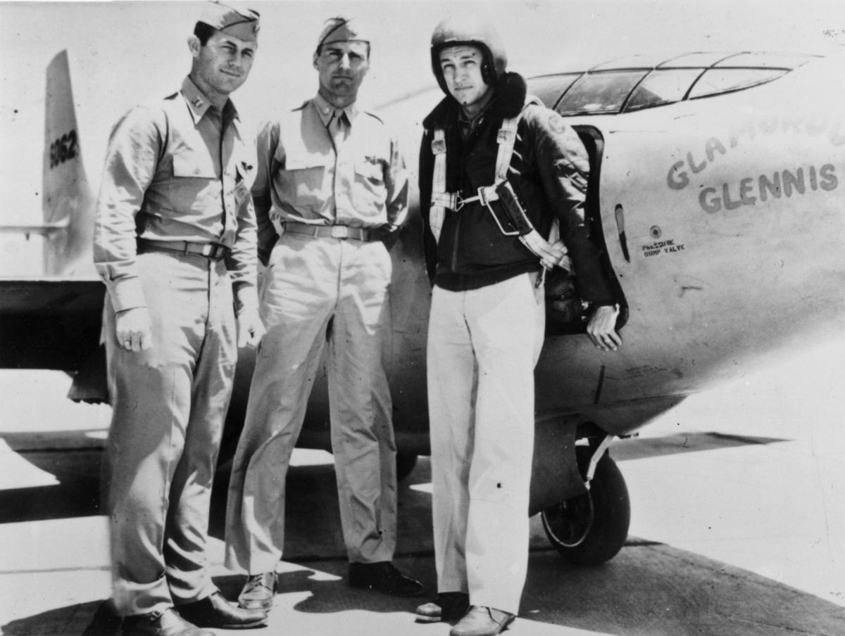 (Left to right) Captain Charles "Chuck" Yeager, Major G Lundquist, and Captain J Fitzger (Keystone/Getty Images)