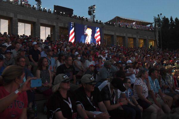  President Donald Trump is shown on a screen as he speaks during the Independence Day events at Mount Rushmore National Memorial in Keystone, South Dakota, on July 3, 2020. (Saul Loeb/AFP via Getty Images)