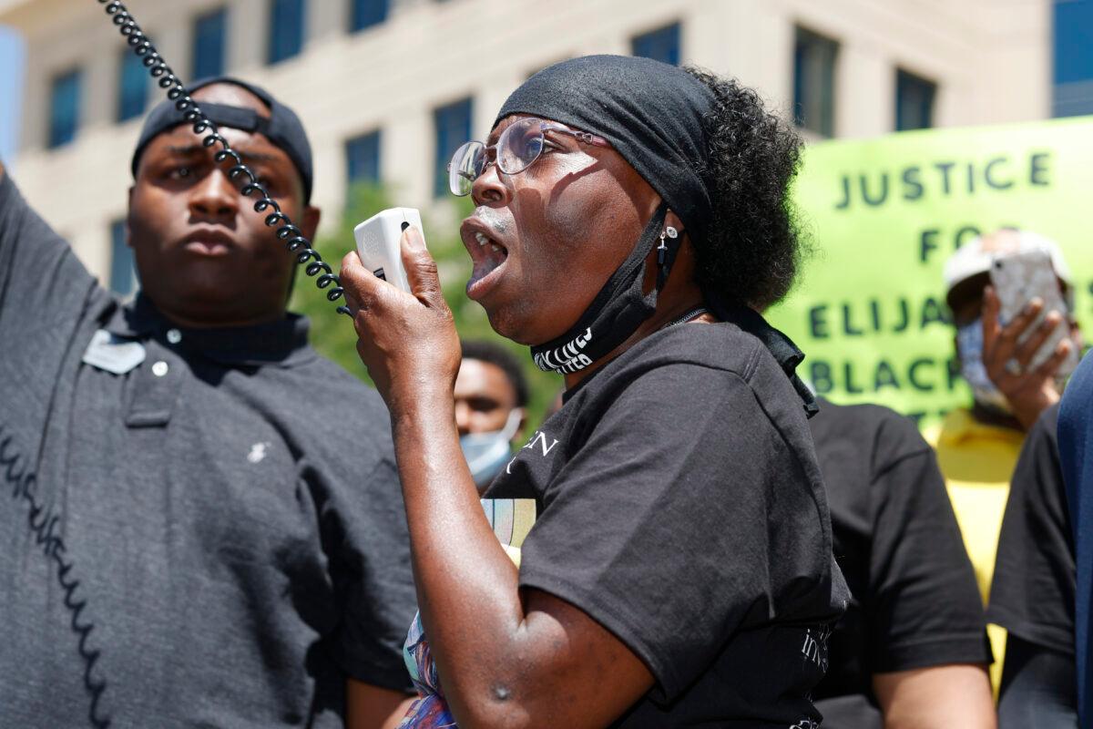 Sheneen McClain speaks during a rally and march over the death of her 23-year-old son Elijah McClain, outside the police department in Aurora, Colo., on June 27, 2020. (David Zalubowski/AP Photo)
