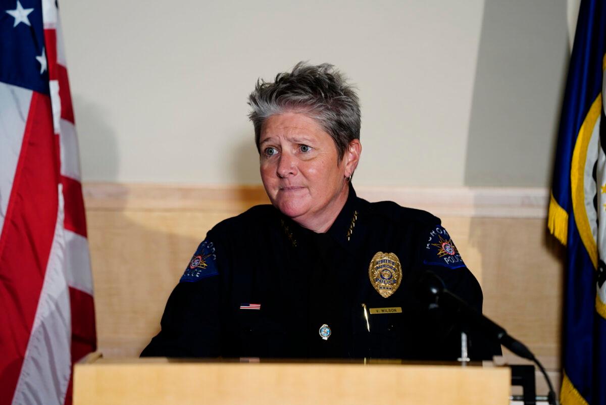 Aurora Police Department Interim Chief Vanessa Wilson discusses the actions of police officers who reenacted the chokehold used on Elijah McClain before his death, at the site of the incident during a press conference in Aurora, Colo., on July 3, 2020. (Philip B. Poston/The Aurora Sentinel via AP)