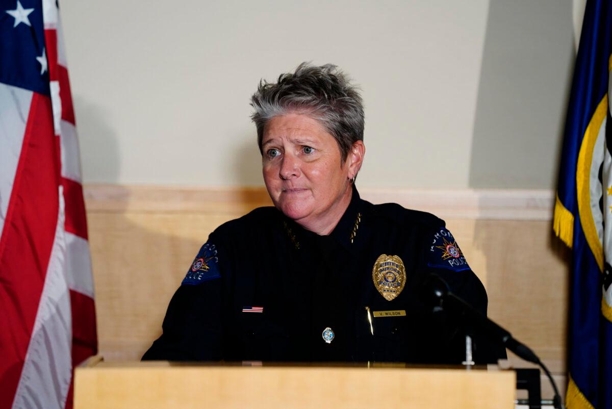 Aurora Police Department Interim Chief Vanessa Wilson discusses the actions of police officers who reenacted the chokehold used on Elijah McClain before his death, at the site of the incident during a press conference in Aurora, Colo., on July 3, 2020. (Philip B. Poston/The Aurora Sentinel via AP)