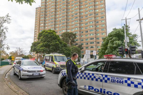 A general view of police and Ambulance services at the front of Flemington Public housing flats on in Melbourne, Australia July 5, 2020. (Asanka Ratnayake/Getty Images)