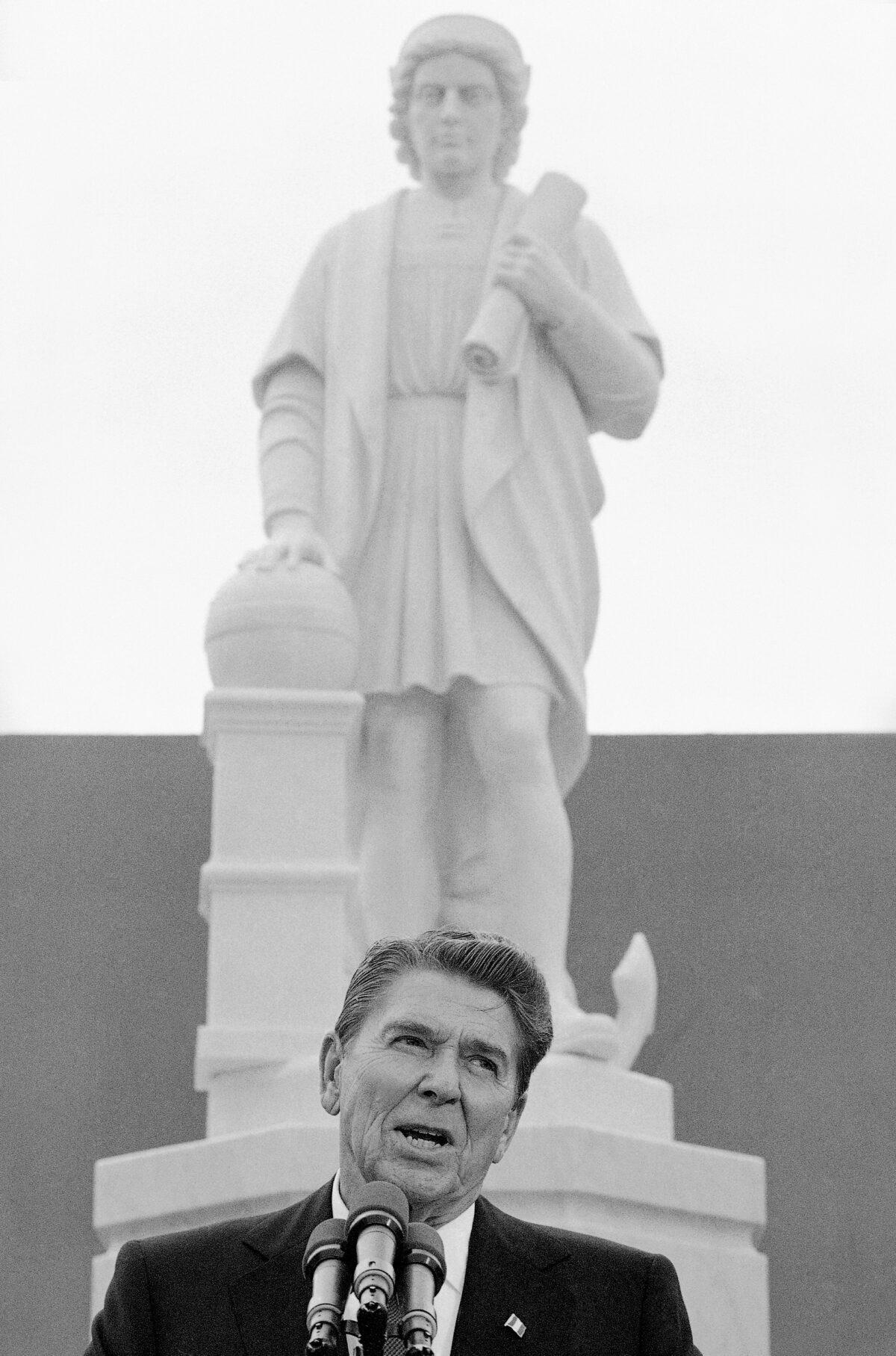 President Ronald Reagan addresses a ceremony in Baltimore on Oct. 9, 1984, to unveil a statue of Christopher Columbus. (Lana Harris/AP Photo)