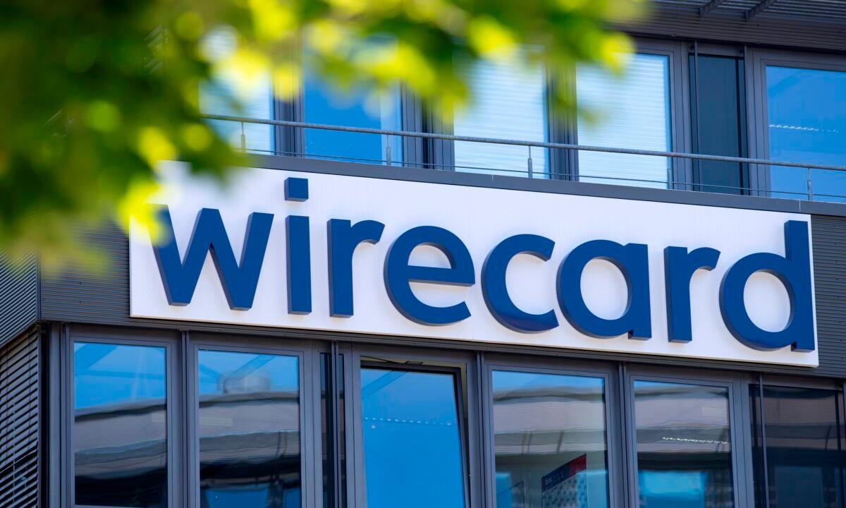 The Wirecard logo shown at the headquarters of the payment service provider in Aschheim, Germany, on June 24, 2020. (Sven Hoppe/Picture-Alliance/DPA via AP)