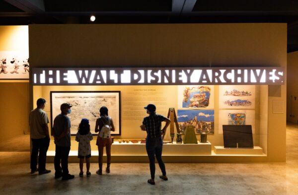 Guests enjoy The Walt Disney Archives at The Bowers Museum in Santa Ana, Calif., on June 30, 2020. (John Fredricks/The Epoch Times)