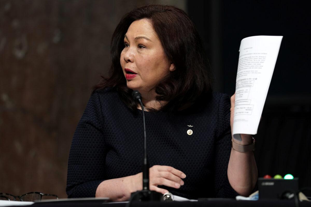 Sen. Tammy Duckworth (D-Ill.) during a hearing on Capitol Hill in Washington on May 6, 2020. (Greg Nash/Pool/Reuters)