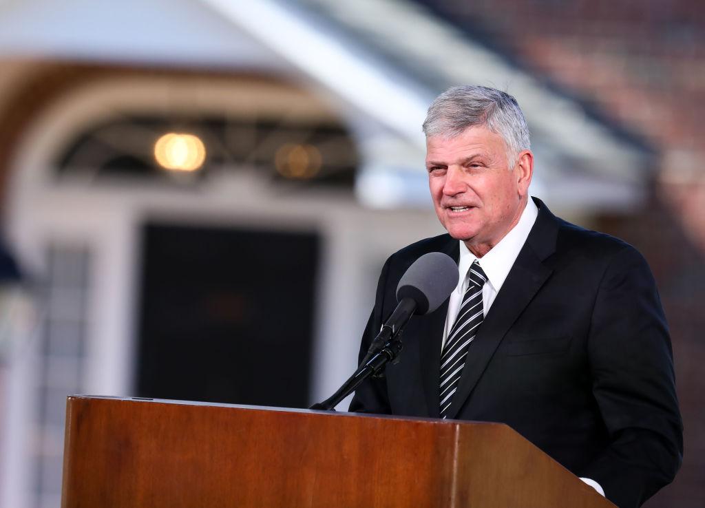 Franklin Graham delivers the eulogy during the funeral of his father, Reverend Dr. Billy Graham, in Charlotte, North Carolina. (LOGAN CYRUS/AFP via Getty Images)
