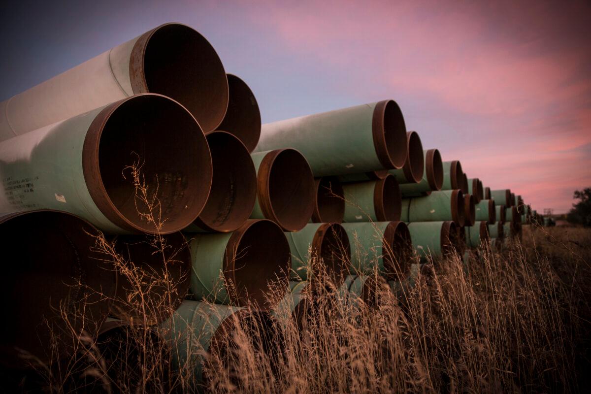 Miles of unused pipe, prepared for the Keystone XL pipeline, sit in a lot outside Gascoyne, N.D., on Oct. 14, 2014. (Andrew Burton/Getty Images)