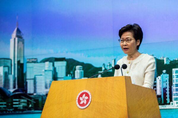Hong Kong Chief Executive Carrie Lam speaks to the media about the new national security law introduced to the city at her weekly press conference in Hong Kong on July 7, 2020. (Isaac Lawrence/AFP via Getty Images)