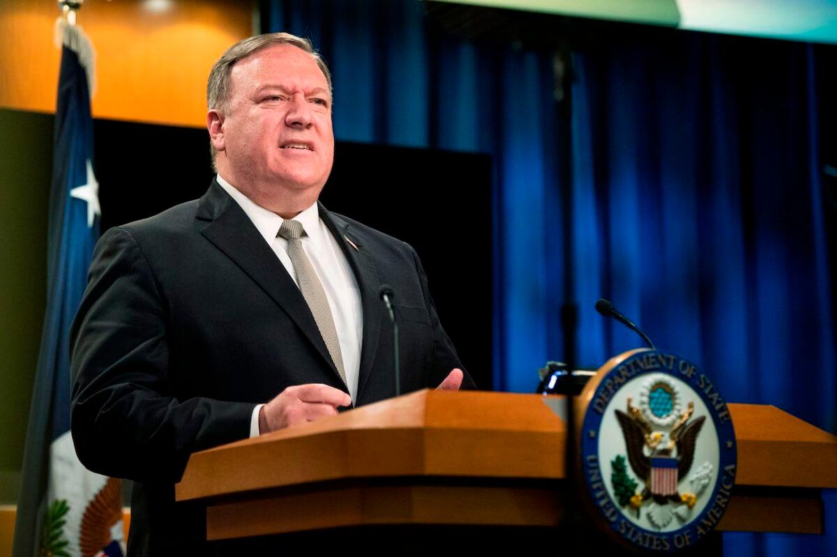 Secretary of State Mike Pompeo speaks during a news conference at the State Department, in Washington, on July 1, 2020. (Manuel Balce/Pool/AFP via Getty Images)