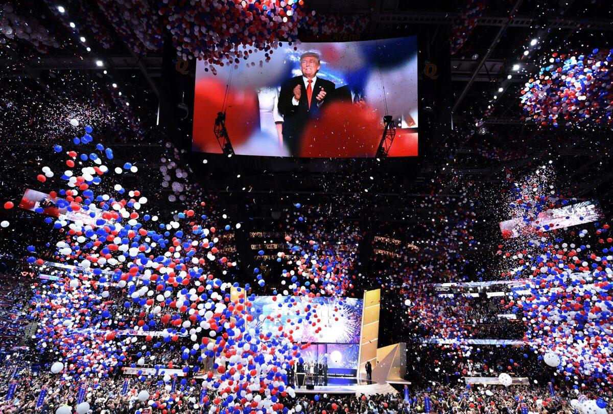 Then-Republican presidential candidate Donald Trump is seen onscreen at the closing of the Republican National Convention at the Quicken Loans Arena in Cleveland, Ohio, on July 21, 2016. (Jim Watson/AFP via Getty Images)